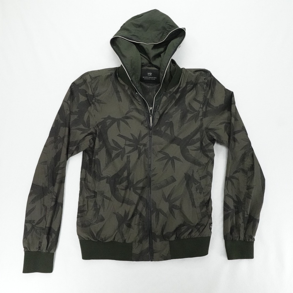 Scotch & Soda Jacket Mens Medium Green Camo Hooded Zip Lightweight Bomber